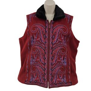 Bob Mackie Vest Women L Red Fleece Embroidered Faux Fur Collar Artsy Festive